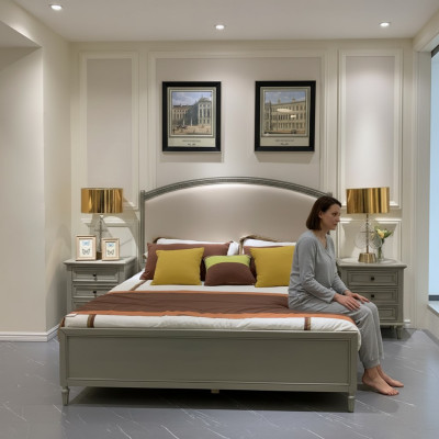 Premium tweepersoonsbed in klassiek design in grijs met beige leren bekleding.