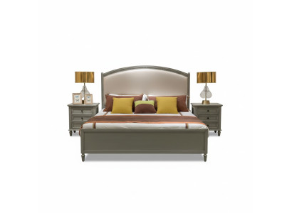 Premium tweepersoonsbed in klassiek design in grijs met beige leren bekleding.