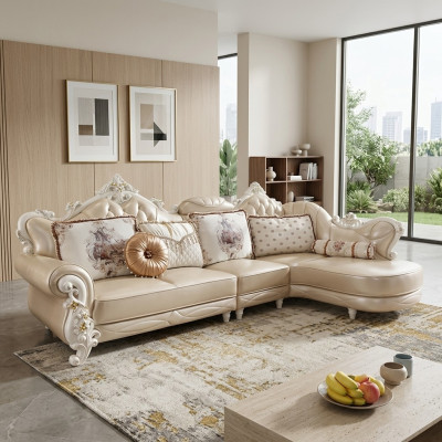 Hoekbank L-vormige woonlandschap bank meubels leer hout Bank Chesterfield