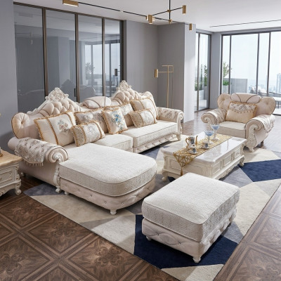 Hoekbank L-vorm Fauteuil Voetenbank Bank Hout met Textiel Barok Rococo