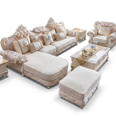 Hoekbank L-vorm Fauteuil Voetenbank Bank Hout met Textiel Barok Rococo