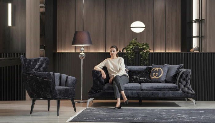 Zwarte bankstel sofa set 3+1 zit Chesterfield woonkamer gestoffeerd
