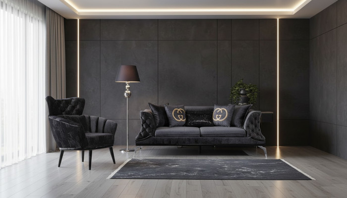 Zwarte bankstel sofa set 3+1 zit Chesterfield woonkamer gestoffeerd