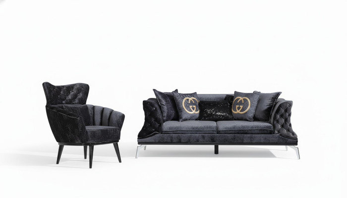 Zwarte bankstel sofa set 3+1 zit Chesterfield woonkamer gestoffeerd