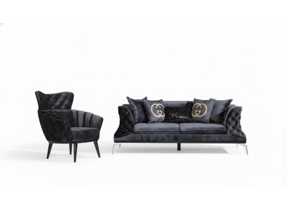 Zwarte bankstel sofa set 3+1 zit Chesterfield woonkamer gestoffeerd