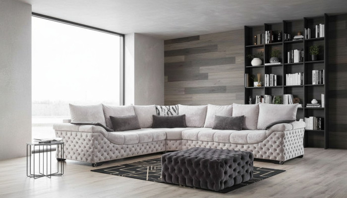 Hoekbank Beige Design Bank Hout met Stoffen Woonkamer L-vorm Bankstellen Nieuw