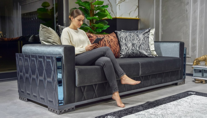 Bankstel 3-zits luxe meubels woonkamer driezitter grijs metaal met textiel