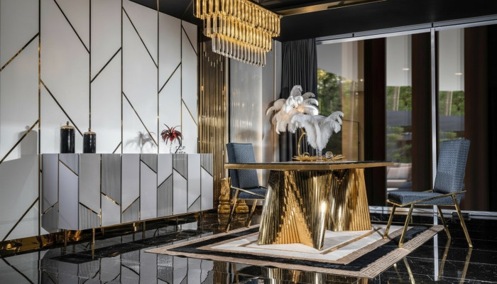 Eetkamer set stoelen eettafel dressoir tafels 6-delig roestvrij staal goud