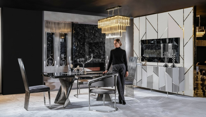 Eetkamer set Eettafel 4x stoelen en dressoir met spiegel Meubels Nieuw