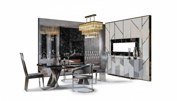 Eetkamer set Eettafel 4x stoelen en dressoir met spiegel Meubels Nieuw