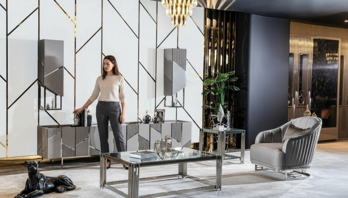 Stel tv-standaard fauteuil salontafel bijzettafel woonkamer 4-delig grijs nieuw