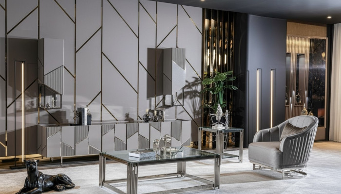 Stel tv-standaard fauteuil salontafel bijzettafel woonkamer 4-delig grijs nieuw