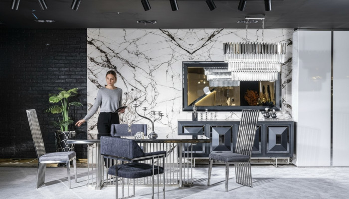 Eetkamer compleet Eettafel 4 stoelen Dressoir met spiegel Set 7-delig Eettafel Nieuw
