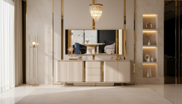 Woonkamer dressoir spiegel Materiaal Hout met Metaal Stijl Modern Beige
