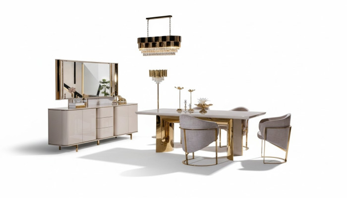 Eetkamer Compleet Tafel 4 Stoelen Dressoir Spiegel Set 7-delig Eettafel
