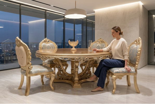 5-delige klassieke eetkamerset met ronde tafel en stoelen