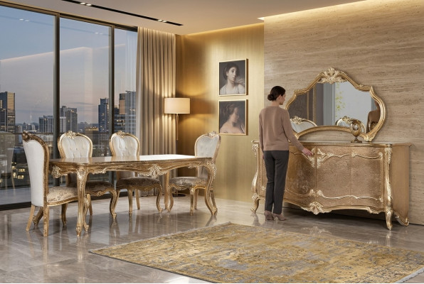 Eetkamer Eettafel Stoel Groep Garnituur Set Hout Tafel Dressoir Spiegel Set 7-delig