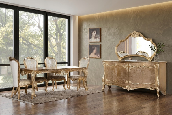 Eetkamer Eettafel Stoel Groep Garnituur Set Hout Tafel Dressoir Spiegel Set 7-delig
