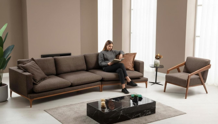 Hoekbank Bank Woonkamer Banken Stof Luxe Hoek L-Vorm Hout Stijl Modern Meubels Nieuw