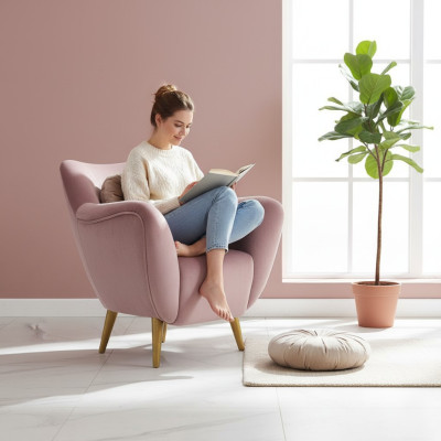 Fauteuil Stoel Oorfauteuil 1-Zits Zitting Stof Luxe Woonkamer Modern Roze