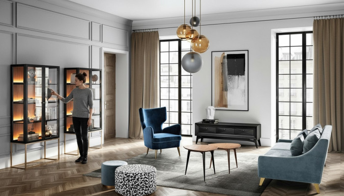 Garnituur woonkamer bank fauteuil vitrine poef tv salontafel set groep 9-delig