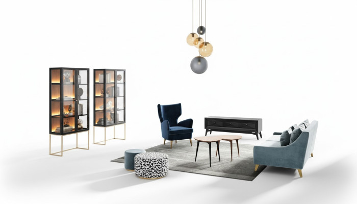 Garnituur woonkamer bank fauteuil vitrine poef tv salontafel set groep 9-delig