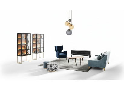 Garnituur woonkamer bank fauteuil vitrine poef tv salontafel set groep 9-delig