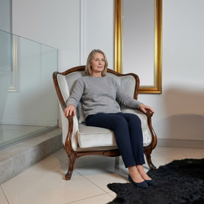 Fauteuil Oorfauteuil stoel Grijs Zitplaats Fluweel Luxe Woonkamer Klassiek Hout Nieuw