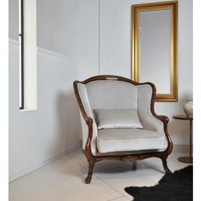 Fauteuil Oorfauteuil stoel Grijs Zitplaats Fluweel Luxe Woonkamer Klassiek Hout Nieuw