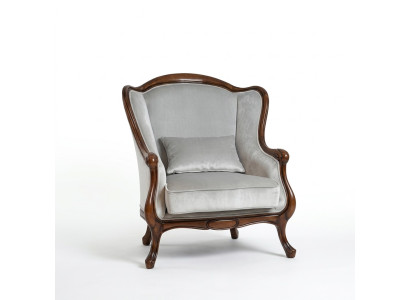 Fauteuil Oorfauteuil stoel Grijs Zitplaats Fluweel Luxe Woonkamer Klassiek Hout Nieuw