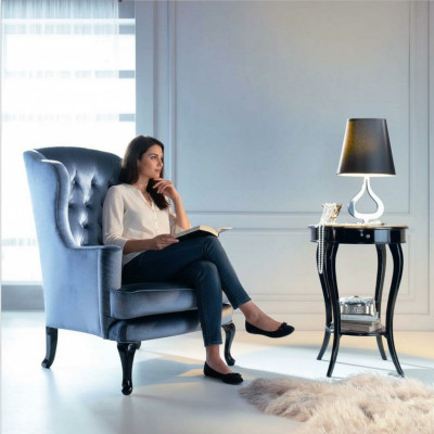 Fauteuil Oorfauteuil Zitter Stoel Stof Blauw Luxe Woonkamer Klassiek Polyester