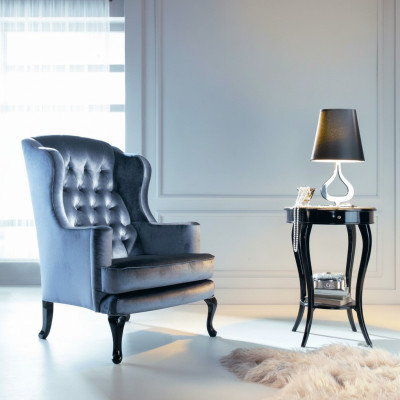Fauteuil Oorfauteuil Zitter Stoel Stof Blauw Luxe Woonkamer Klassiek Polyester