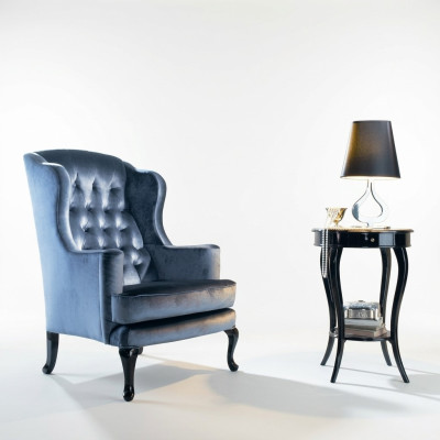 Fauteuil Oorfauteuil Zitter Stoel Stof Blauw Luxe Woonkamer Klassiek Polyester
