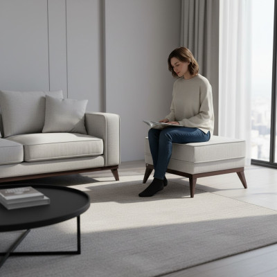 Hocker Voetenbank Polyester Poef Woonkamer Zitmeubel Stof Grijs Luxe Zetel Meubel