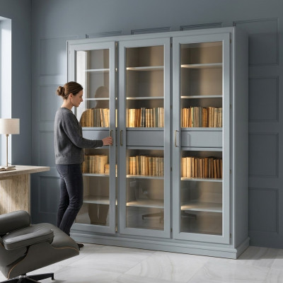 Grijze boekenkast met glazen deuren - Stijlvolle opslagoplossing voor uw boekencollectie