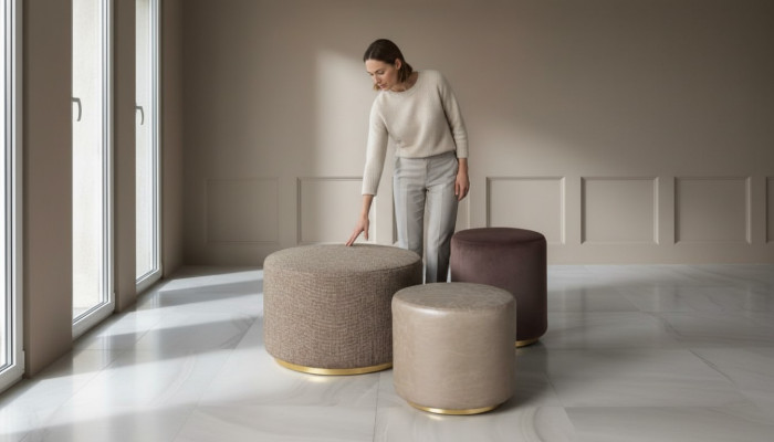 Groep Kruk Voetenbankje Polyester Woonkamer Zitstof Beige Luxe Zitter 3-delige set