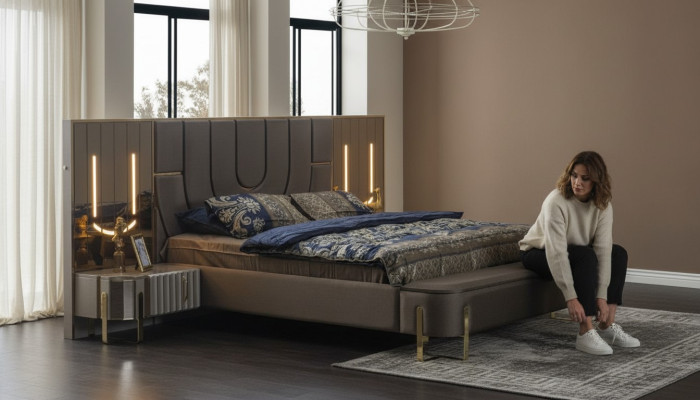 Tweepersoonsbed set Slaapkamer Luxe Bed Modern Bruin 3-delige Ontwerp
