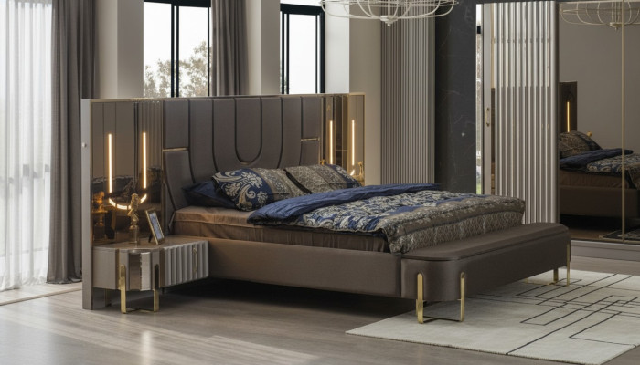 Tweepersoonsbed set Slaapkamer Luxe Bed Modern Bruin 3-delige Ontwerp