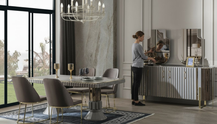 Eetkamerset Eettafel Set Luxe Stoelen Eethoek Grijs 6-delig