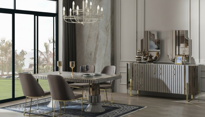 Moderne luxe eetgroep eetkamer eettafel set stoelen eethoek grijs 5-delig