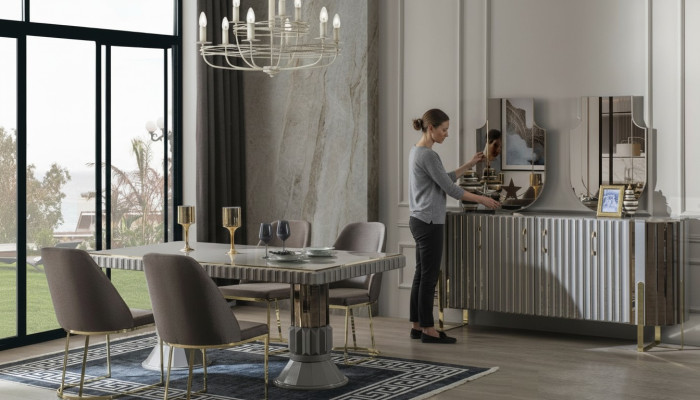 Garnituur Eetgroep Eetkamer Eettafel Luxe Stoelen Eethoek Grijs 7-delig