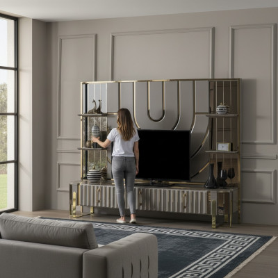 TV-standaard RTV Lowboard dressoir woonkamer goud grijs luxe hout nieuw
