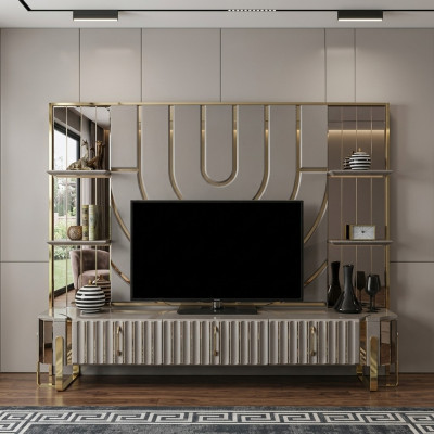 TV-standaard RTV Lowboard dressoir woonkamer goud grijs luxe hout nieuw
