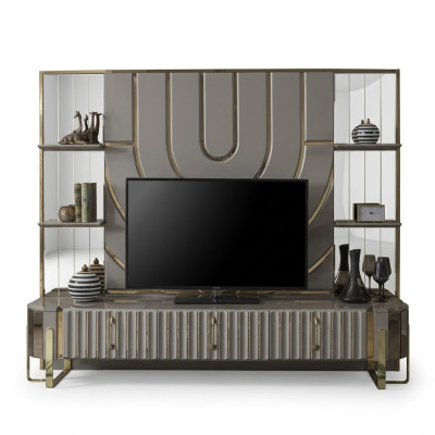 TV-standaard RTV Lowboard dressoir woonkamer goud grijs luxe hout nieuw