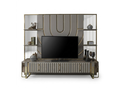 TV-standaard RTV Lowboard dressoir woonkamer goud grijs luxe hout nieuw