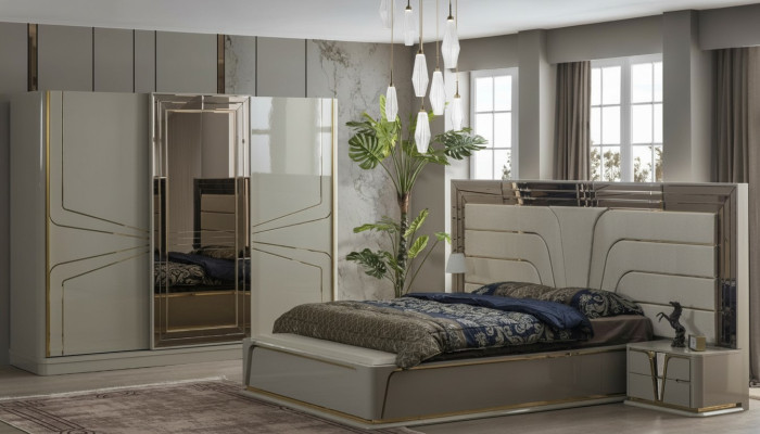 Modern slaapkamer set in beige met Europese accenten.