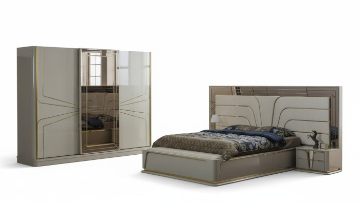 Modern slaapkamer set in beige met Europese accenten.