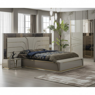 Slaapkamer set met tweepersoonsbed, luxe bed, modern beige, 3-delig, nieuw