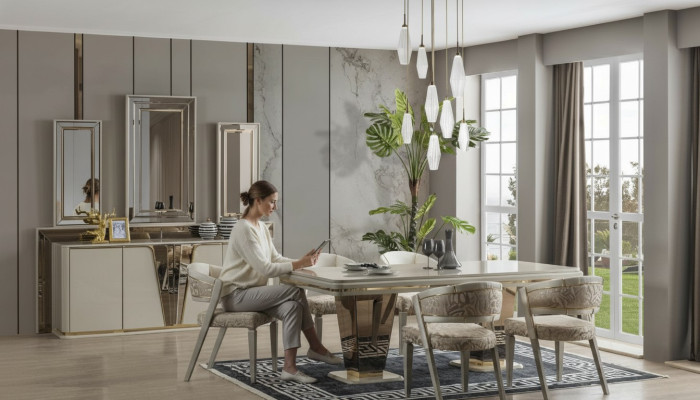 Luxe eetkamerset eetkamer eettafel set stoelen eethoek beige 6-delig