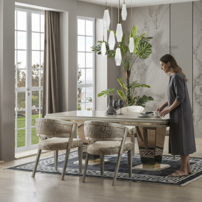 Eethoek Luxe eetgroep Eetkamer eettafel set Stoelen Beige 5 delig